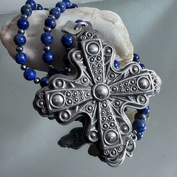 Maltese Cross Sterling Silver 30" Lapis Lazuli Necklace 925 Tahitian Pearls - Picture 3 of 9